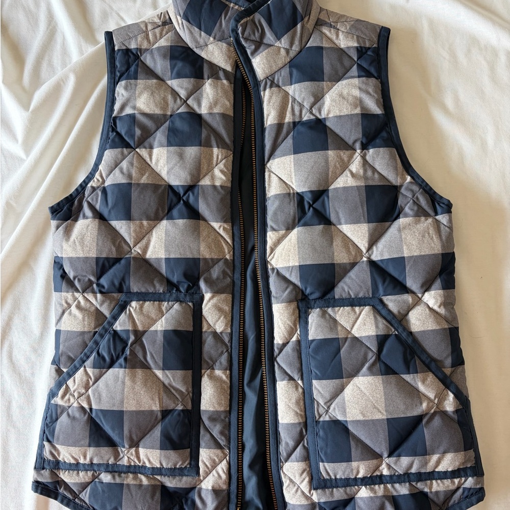 J. Crew Navy and Beige Plaid Quilted Vest
